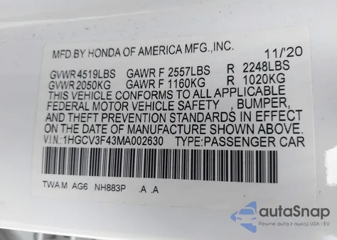 2021 Honda Accord Hybrid Ex z USA, uszkodzony, nr VIN 1HGCV3F43MA002630